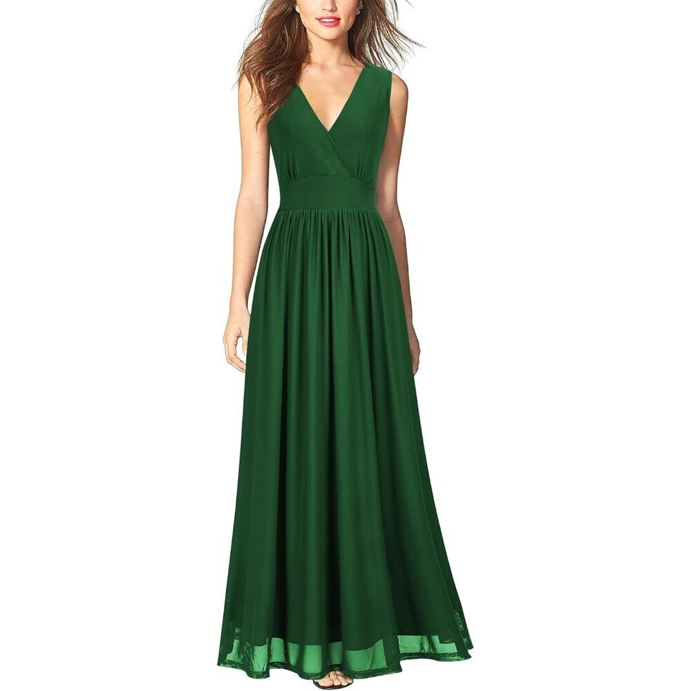 Women's Green Sleeveless Deep V Neck Mesh Plain Long Maxi Casual Dress